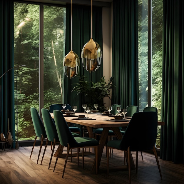 una sala da pranzo con un tavolo e sedie interno della fattoria zona pranzo con tema di colore verde foresta