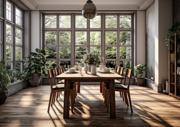 Una sala da pranzo con una grande finestra e luce naturale