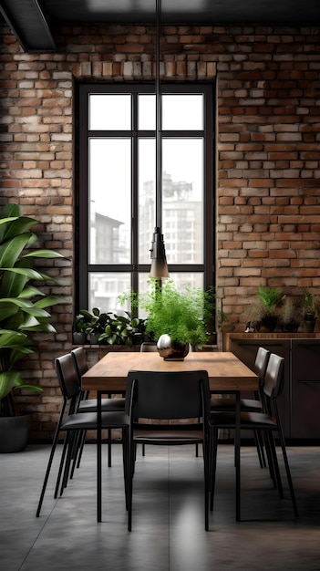 Una sala da pranzo con una grande finestra e un tavolo con sedie e una pianta sopra.