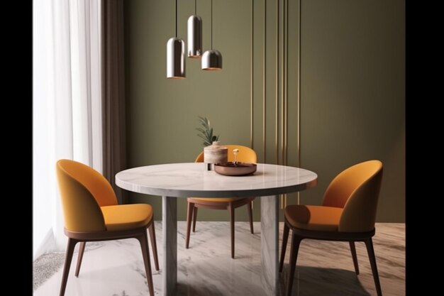 Una sala da pranzo con una parete verde e tre sedie arancioni.