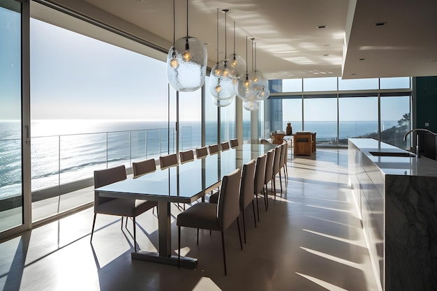 Una sala da pranzo con vista sull'oceano.