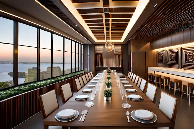 una sala da pranzo con vista sull'oceano
