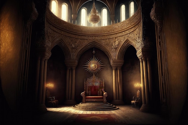 Una sala del trono in filigrana d'oro in un re del castello medievale seduto sul trono intricato disegna le pareti e il soffitto