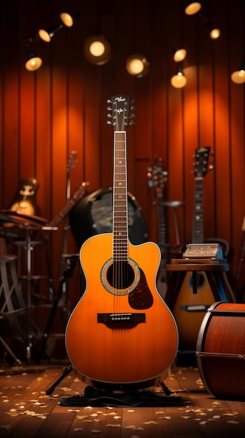 Una sala di studio di registrazione risuona di musicalità mentre una chitarra acustica risuona Vertical Mobile Wallpa