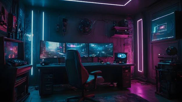 Una sala giochi futuristica con luci al neon a tema cyberpunk