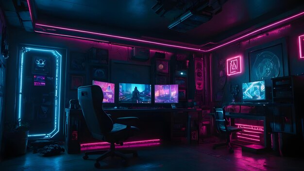 Una sala giochi futuristica con luci al neon a tema cyberpunk