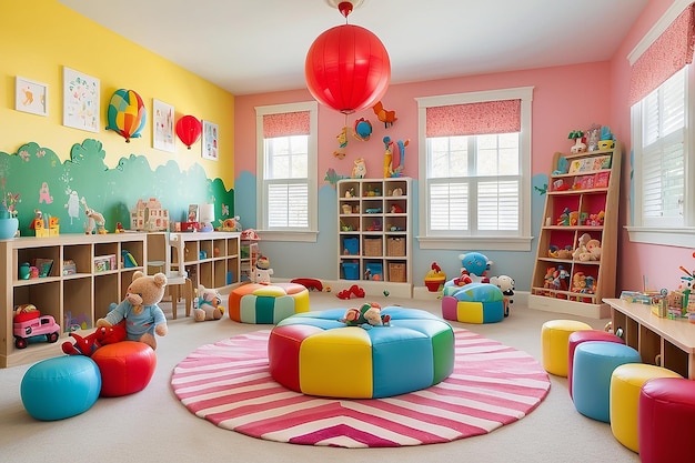 Una sala giochi per bambini con giocattoli colorati e un tema stravagante