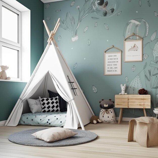 Una sala giochi per bambini con un teepee bianco che dice "la parola" su di esso.