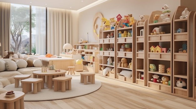 una sala giochi per bambini illuminata con una grande finestra e una libreria in legno