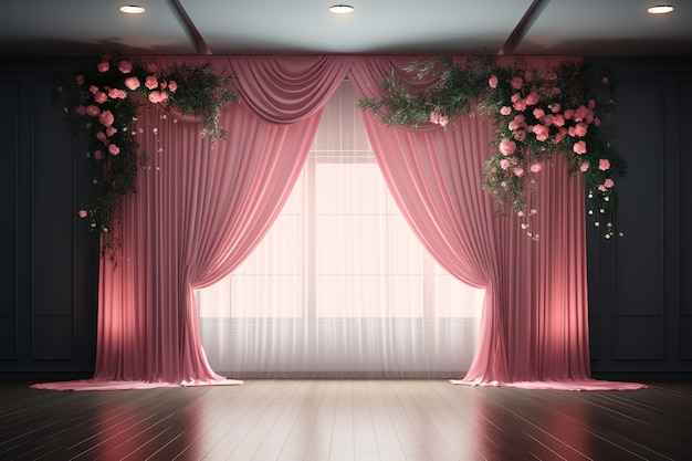 una sala per matrimoni con spazio scenico con fiori e pareti rosa e illuminazione