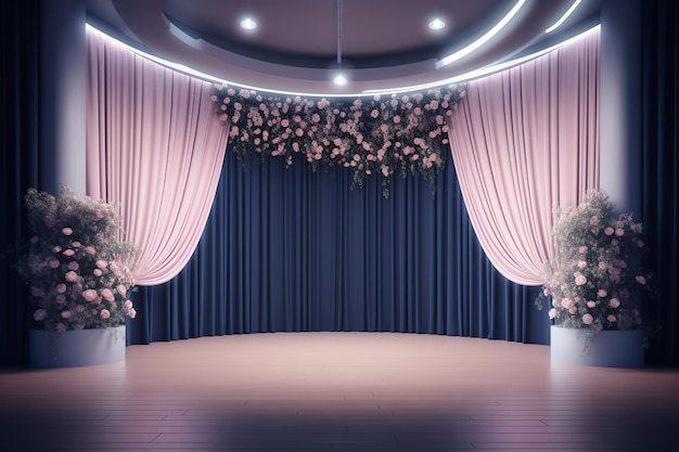 una sala per matrimoni con spazio scenico con fiori rosa pareti e illuminazione