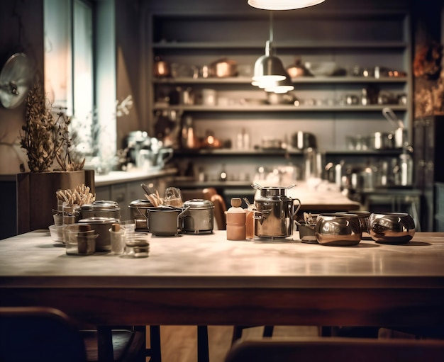 Una sala ristorante con un bancone della cucina