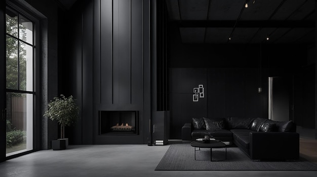 Una sala salone di una casa notturna modernista con un elegante arredamento minimalista e un tocco di chic industriale