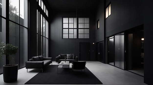 Una sala salone di una casa notturna modernista con un elegante arredamento minimalista e un tocco di chic industriale