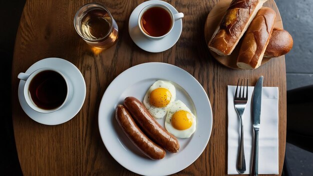 Una salsiccia con uova insieme a tè e pane sul tavolo del ristorante durante la pausa pranzo