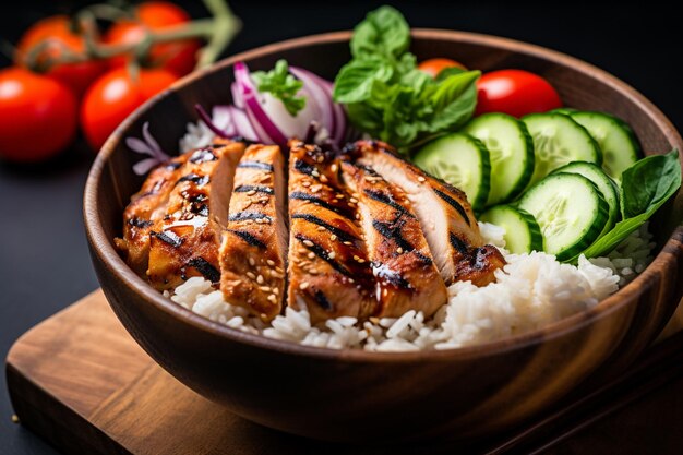 Una sana ciotola di Buddha piena di pollo alla griglia e ingredienti freschi