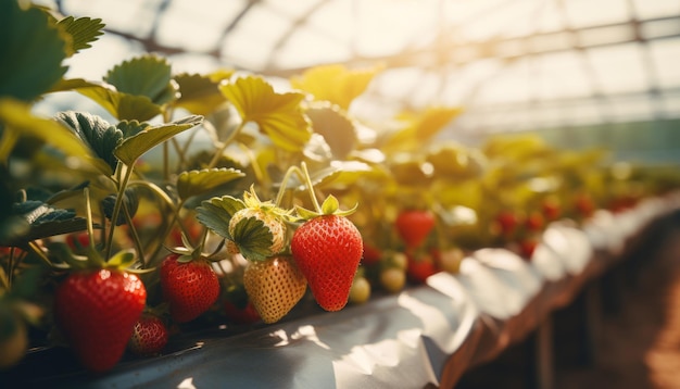 Una sana e vivace pianta di fragole biologiche che fiorisce in un ambiente controllato in serra