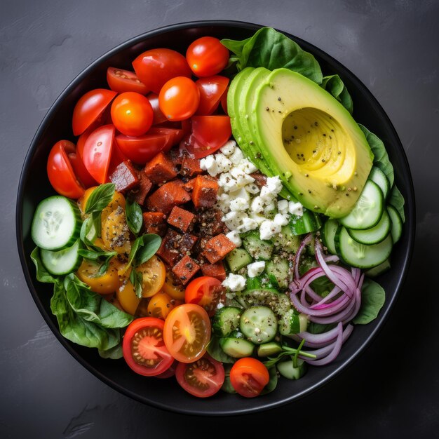 Una sana insalatiera di verdure fresche avocado pomodoro cetriolo piatto giaceva su uno sfondo grigio