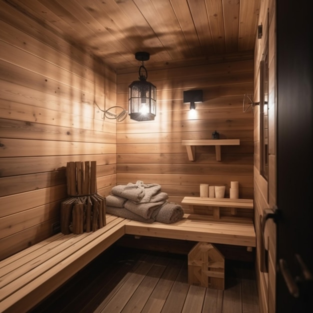 Una sauna in legno con una lanterna appesa al soffitto.