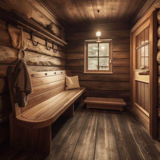 Una sauna in legno con una panca e una finestra che dice "la parola sauna"