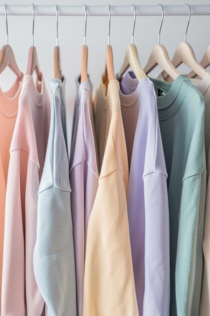 Una scaffalatura di vestiti appesa a una scaffalatrice di vestiti Adatta a concetti di moda e vendita al dettaglio