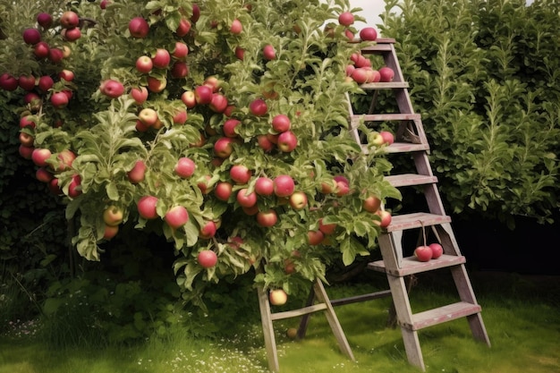 Una scala appoggiata a un albero di mele per raccogliere