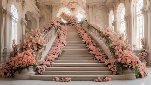 Una scala con fiori rosa e bianchi