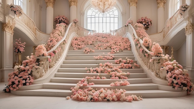 una scala con un cespuglio di rose rosa sulle scale