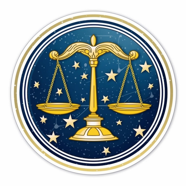 una scala dorata di giustizia su sfondo blu con stelle ai generative
