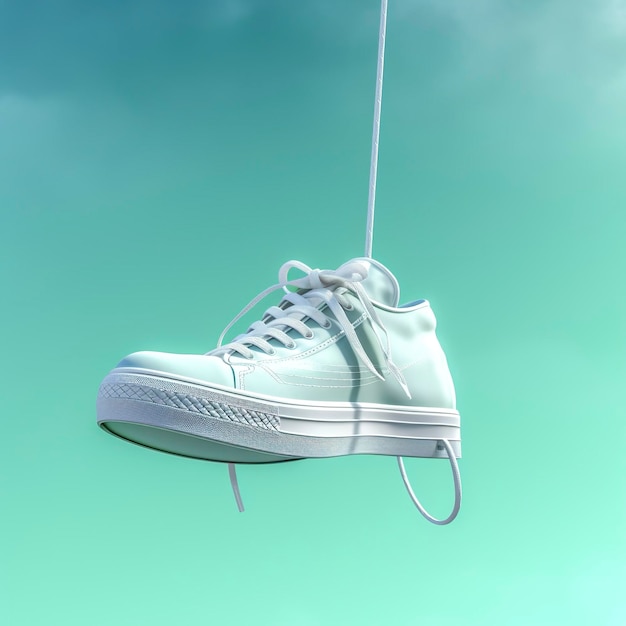 Una scarpa casual bianca blu e verde è sospesa nell'aria nello stile della nebulosa qualità onirica AI Generative