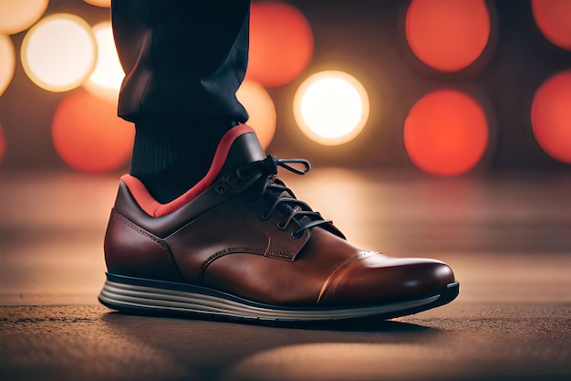 Una scarpa da uomo è mostrata davanti a uno sfondo sfocato con luci.