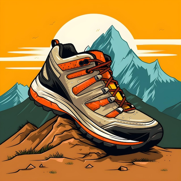 Una scarpa è su una montagna con una montagna sullo sfondo.