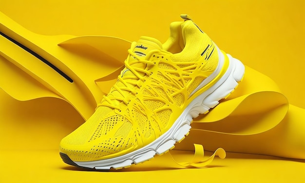 Una scarpa gialla con la scritta "n" sul lato.