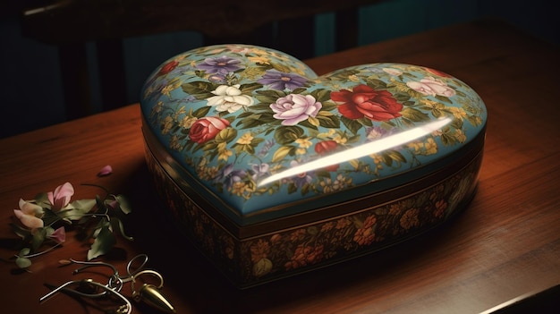 Una scatola a forma di cuore con sopra dei fiori