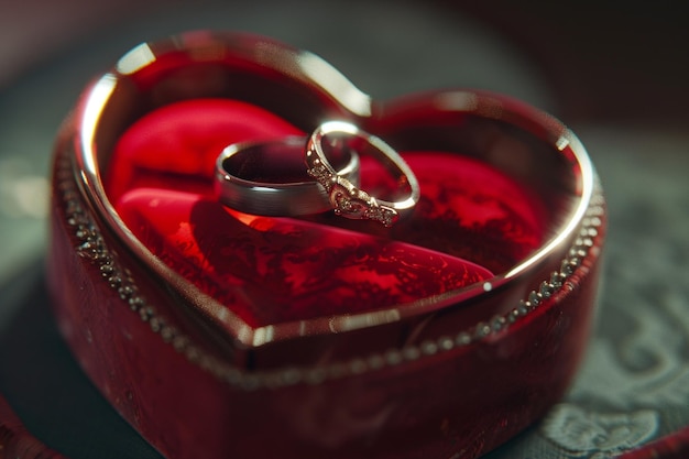 una scatola a forma di cuore con un paio di anelli di nozze dentro