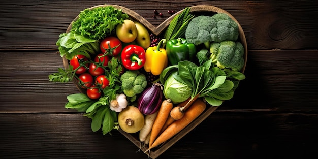 una scatola a forma di cuore di verdure e frutta e verdura
