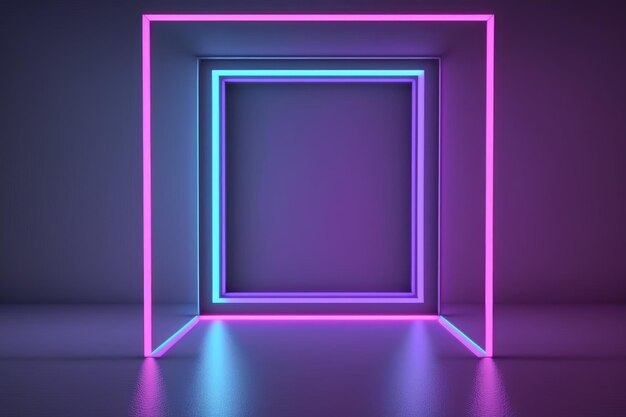 Una scatola al neon in una stanza buia con un muro bianco e luci blu e rosa.