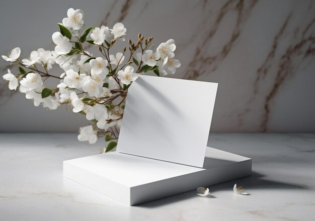 Una scatola bianca con sopra un cartoncino bianco si trova su un tavolo di marmo con un fiore in primo piano.