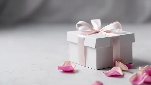 Una scatola bianca con un nastro rosa e un fiocco rosa si trova su un tavolo bianco.