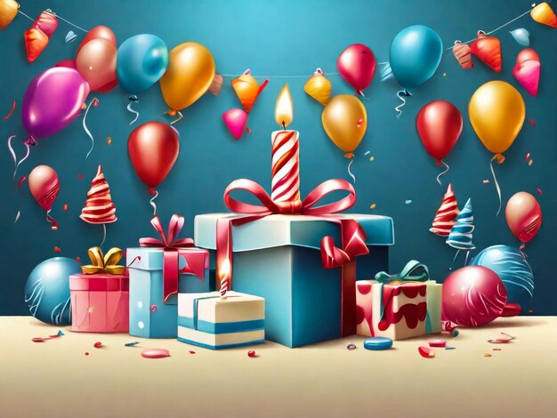 una scatola blu con palloncini e un regalo di compleanno