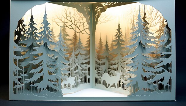 una scatola con alberi di Natale con la neve all'interno di un libro di diorama a strati tagliati in carta