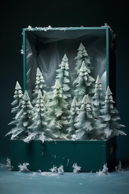 una scatola con alberi di Natale con la neve all'interno nello stile della fotografia in scena