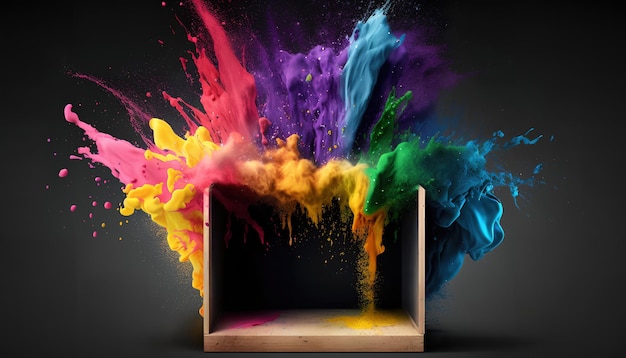 Una scatola con schizzi di vernice colorata sopra