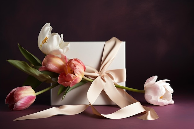 Una scatola con sopra dei fiori e un nastro con su scritto tulipani.