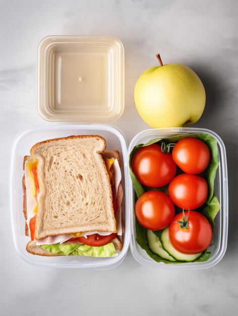 una scatola da pranzo con un panino e dei pomodori