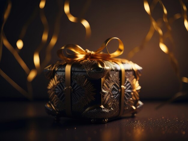 Una scatola da regalo dorata su uno sfondo scuro