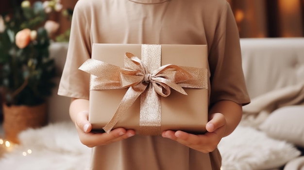 Una scatola da regalo elegantemente avvolta tenuta in mano Una calda atmosfera festiva per regalare