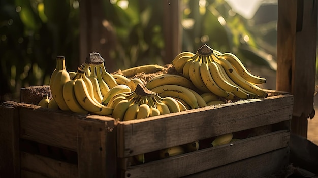 Una scatola di banane è in una cassa di legno.