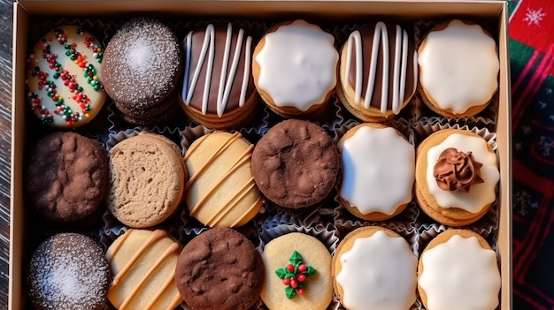 Una scatola di biscotti con diversi gusti di cioccolato e zucchero.