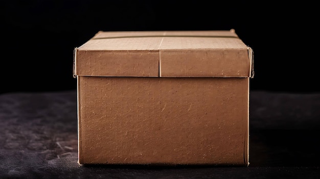 Una scatola di cartone si trova su una superficie scura la scatola è marrone e ha una striscia verde intorno a essa la scatoletta è chiusa e non c'è nulla dentro